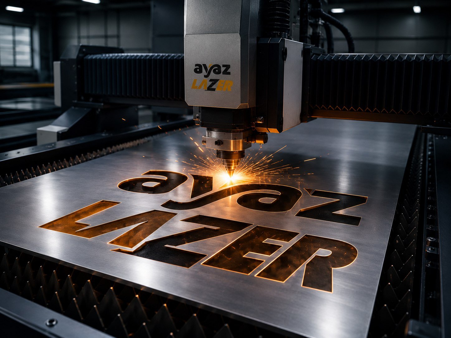 Ayaz Lazer logolu CNC lazer kesim makinesinin sac üzerinde çalışması